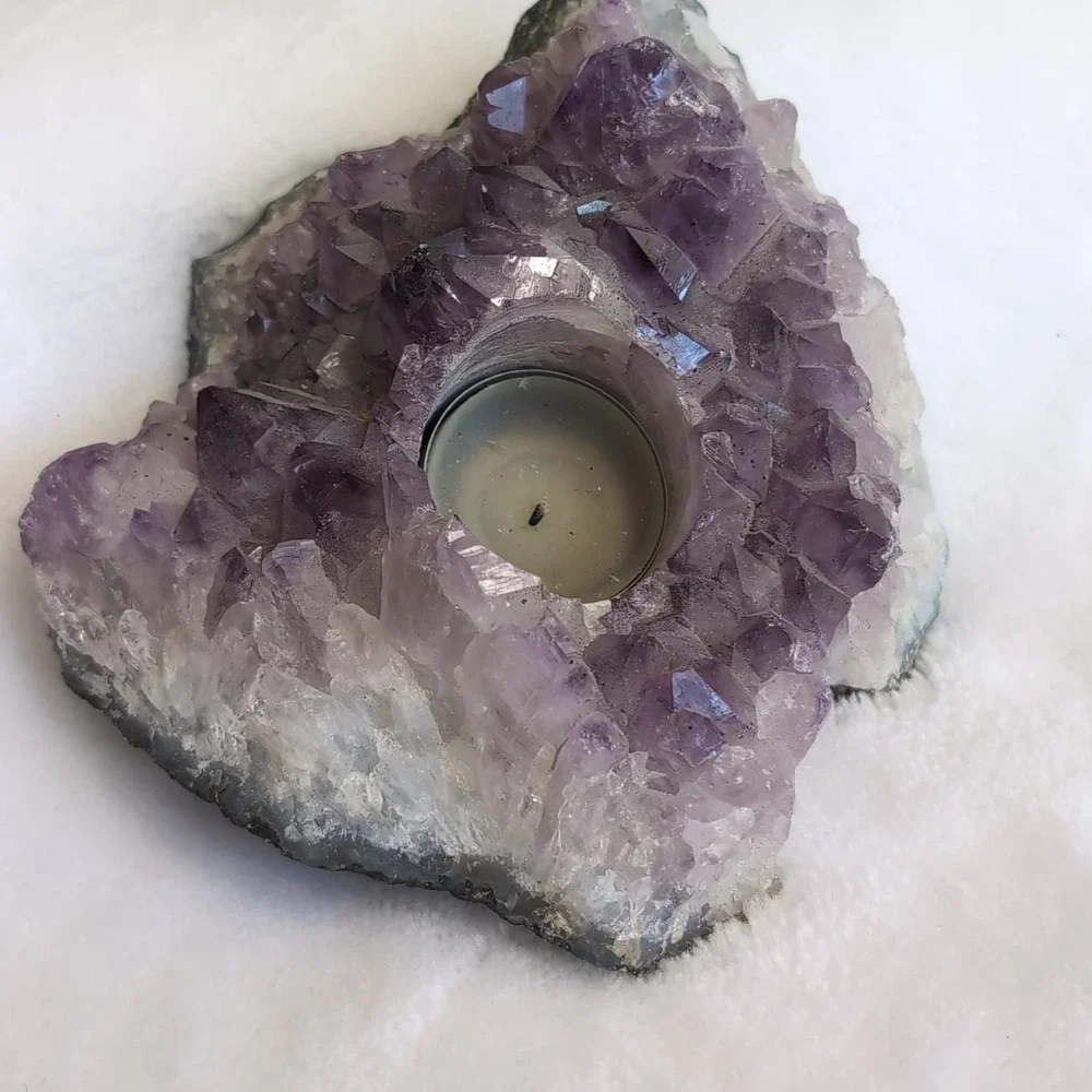 Amethyst Crystal Candle Holder Purple Raw Geode Cluster - Picture 10 of 16